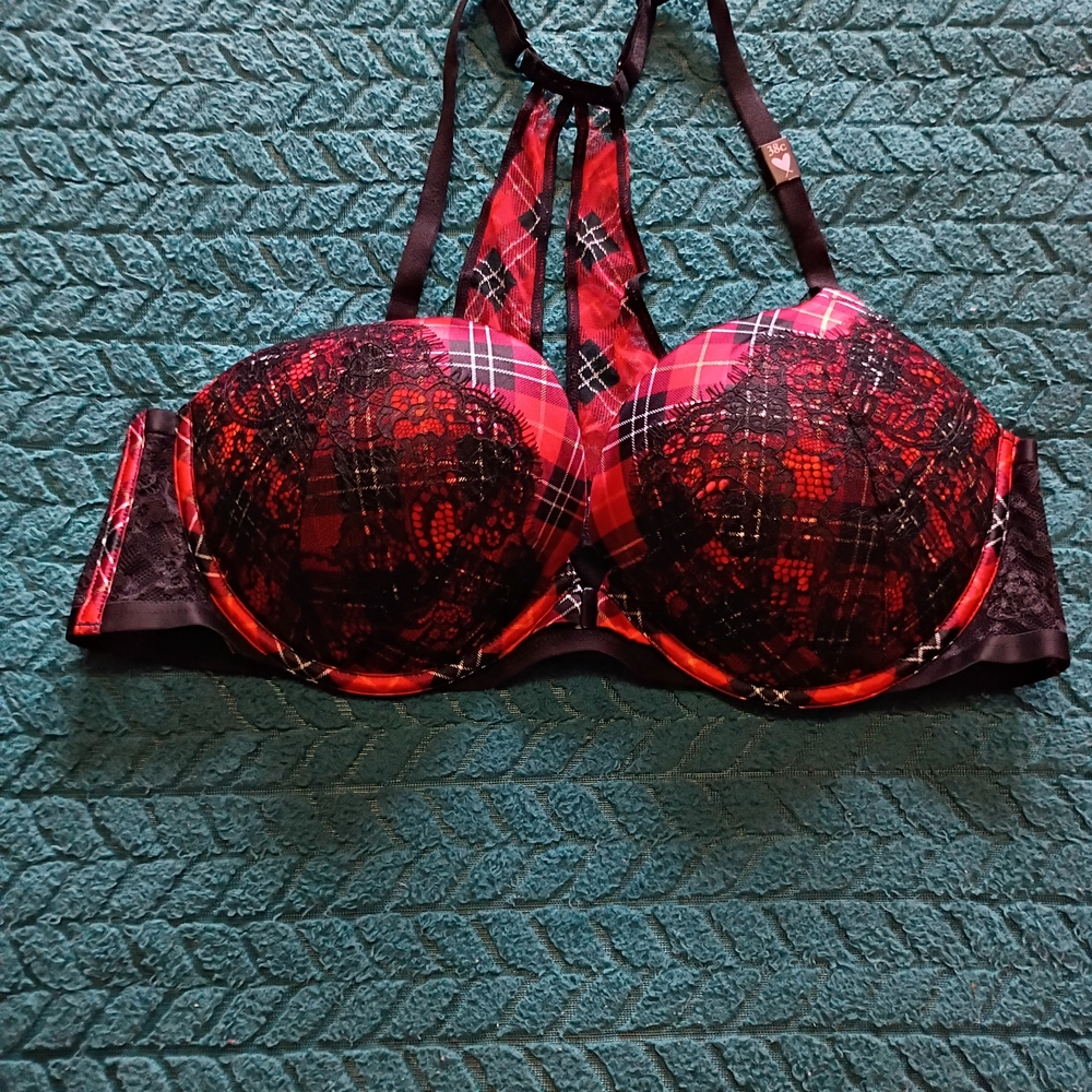 Victoria's Secret Red and Black Plaid Lace Bra